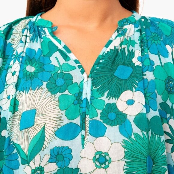 Antik Batik Cotton Voile Floral Blouse Womens Medium Blue Flutter Sleeve Tunic - Picture 7 of 11